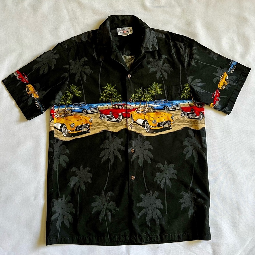 Pacific Legend Men’s Hawaiian Shirt Medium Black Classic Cars Print Cotton